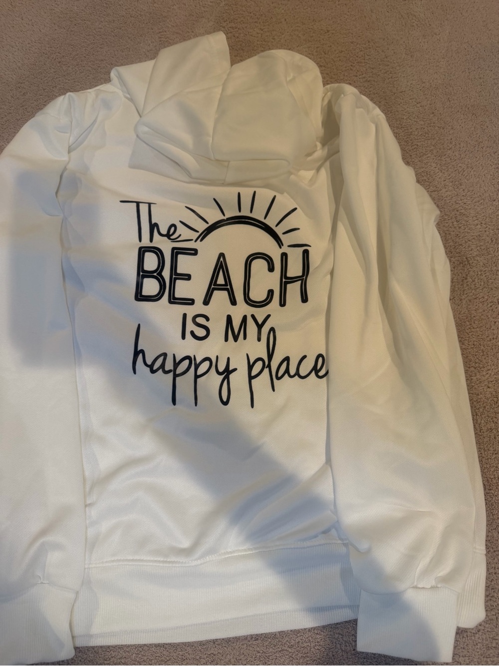 Amazon White Hoodie Sweatshirt with 'The Beach Is My Happy Place' Graphic